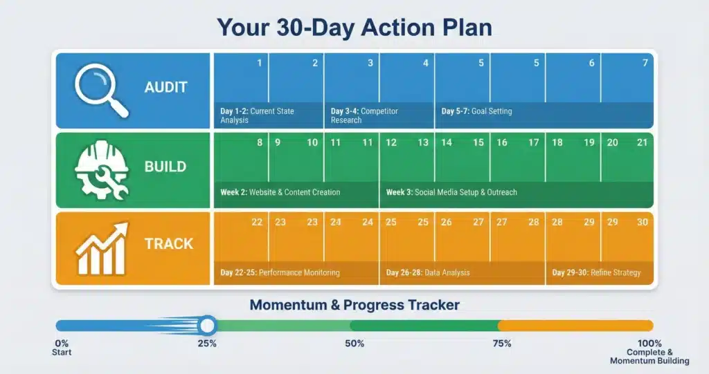 A 30-day calendar illustration divided into 4 color-coded weekly sections. Week 1 (blue) has a magnifying glass icon representing 'Audit'. Weeks 2-3 (green) have a construction/building icon representing 'Build'. Week 4 (orange) has a chart/graph icon representing 'Track'. Below the calendar, a horizontal progress bar shows momentum building from 0% to 100%. Clean timeline infographic style.