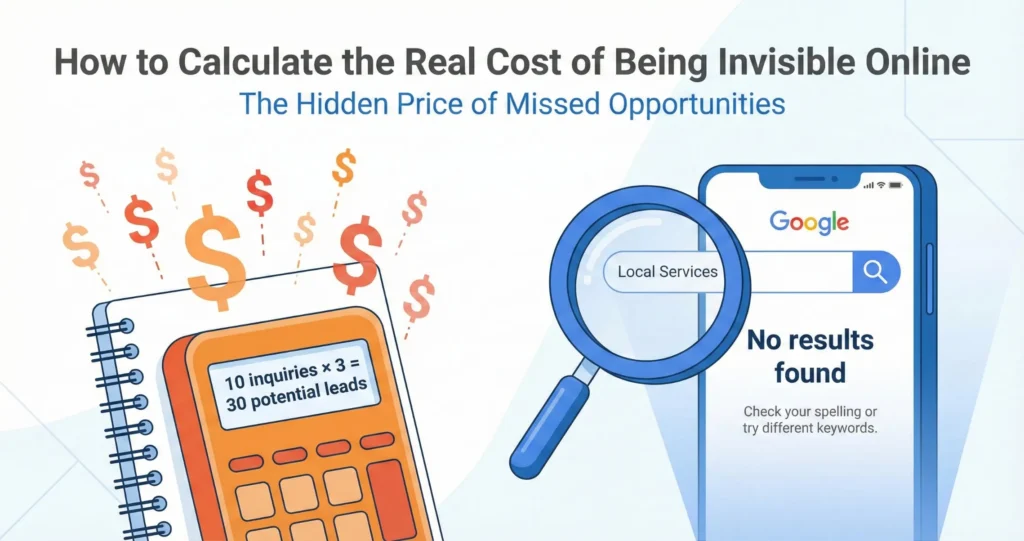 An illustration showing a notepad or calculator displaying the formula '10 inquiries × 3 = 30 potential leads' with dollar signs floating away into the air. Next to it, a magnifying glass hovering over a smartphone screen showing a Google search with 'No results found' message. Clean business infographic style with a sense of lost opportunity