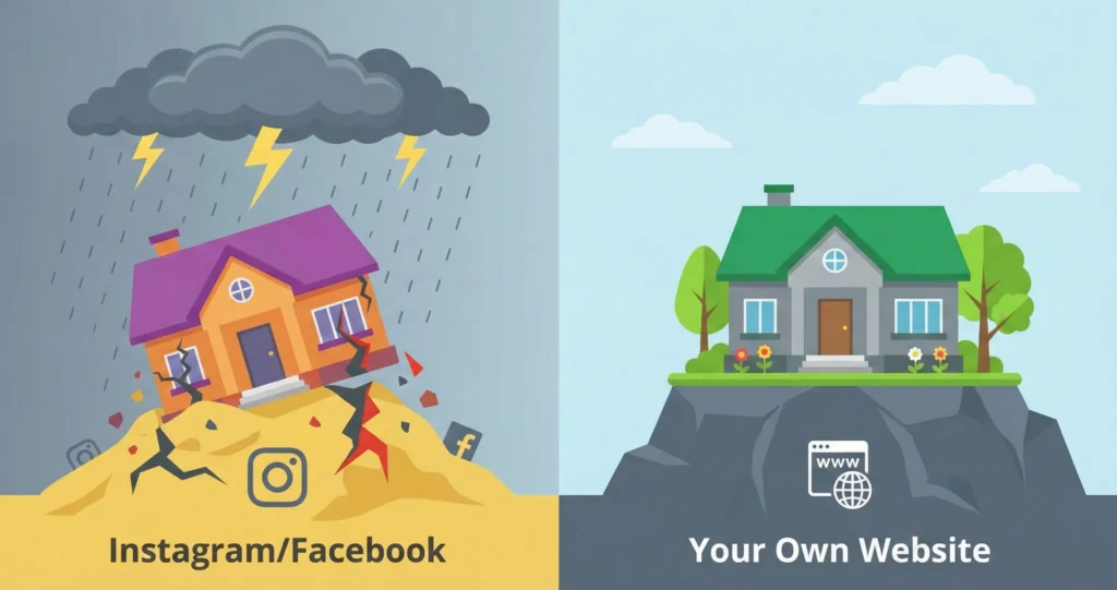 An illustration showing two houses side by side. On the left, a house built on sand labeled 'Instagram/Facebook' with cracks forming in the foundation, starting to sink and tilt. On the right, a sturdy well-built house on solid rock foundation labeled 'Your Own Website' standing strong. A dark storm cloud with lightning hovers over the unstable house. Visual metaphor for platform risk vs ownership.