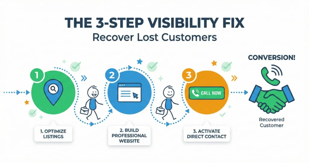 A horizontal roadmap illustration with 3 numbered checkpoints connected by a dotted path. Checkpoint 1 shows a Google Maps pin icon, Checkpoint 2 shows a simple webpage/website icon, Checkpoint 3 shows a 'Call Now' button icon. A happy stick figure customer walks along the path. At the end of the path, there's a handshake or phone call icon representing conversion. Clean, optimistic, step-by-step visual.