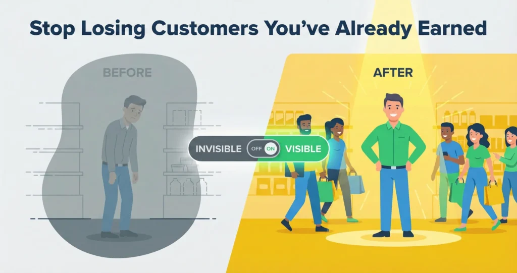 Two versions of a business owner side by side showing transformation. On the left, a faded, semi-transparent figure labeled 'Before' standing alone in shadows with no customers around. On the right, the same figure now bright, colorful, and visible with a spotlight shining on them, customers approaching with interest. Between them, a simple toggle switch showing 'Invisible' (off) and 'Visible' (on) states. Empowering before/after comparison.