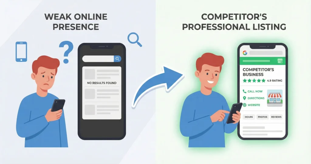 A split-screen illustration showing a customer journey. Left side: a person looking confused at their smartphone with a question mark above, viewing an empty search result page. Right side: the same person smiling and tapping on a competitor's professional Google Business listing with star ratings and contact info.