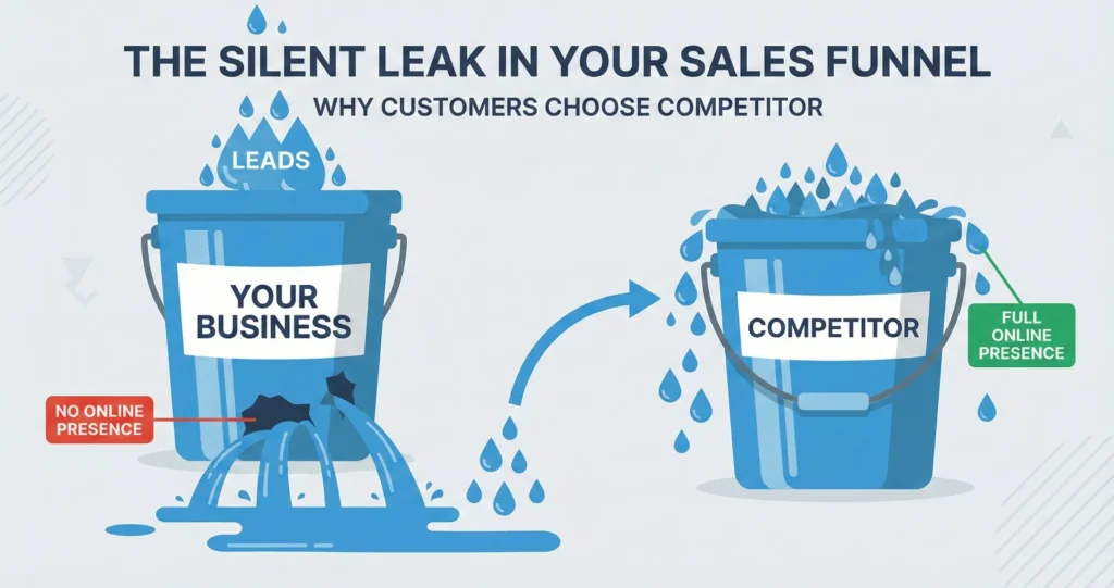 A simple illustration of two buckets side by side. The left bucket is labeled 'Your Business' with water labeled 'Leads' pouring in from the top, but leaking out through a large hole at the bottom labeled 'No Online Presence'. Water droplets fall toward a competitor's full bucket on the right labeled 'Competitor' that has no holes and is overflowing with leads. Clean minimalist style with business metaphor visualization.